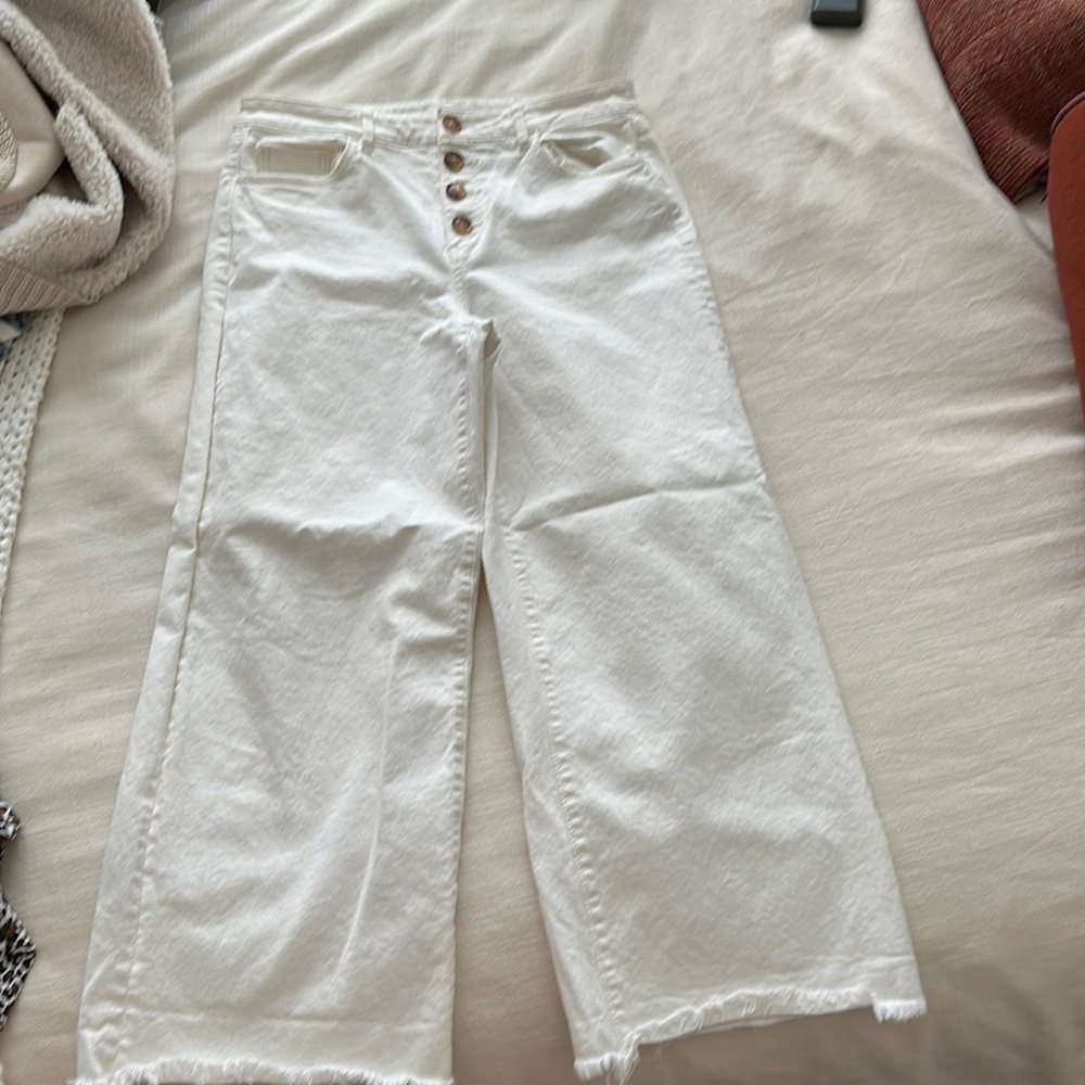 LOFT Highwaist Wide Leg Cream Button Up Jeans